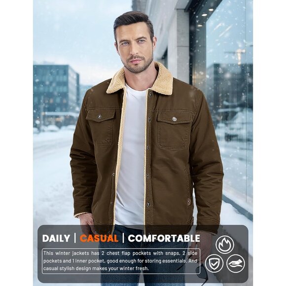 Mens Brown AI Winter Sherpa Lined Jacket Warm Trucker Coat Multi Pocket - Picture 4 of 7
